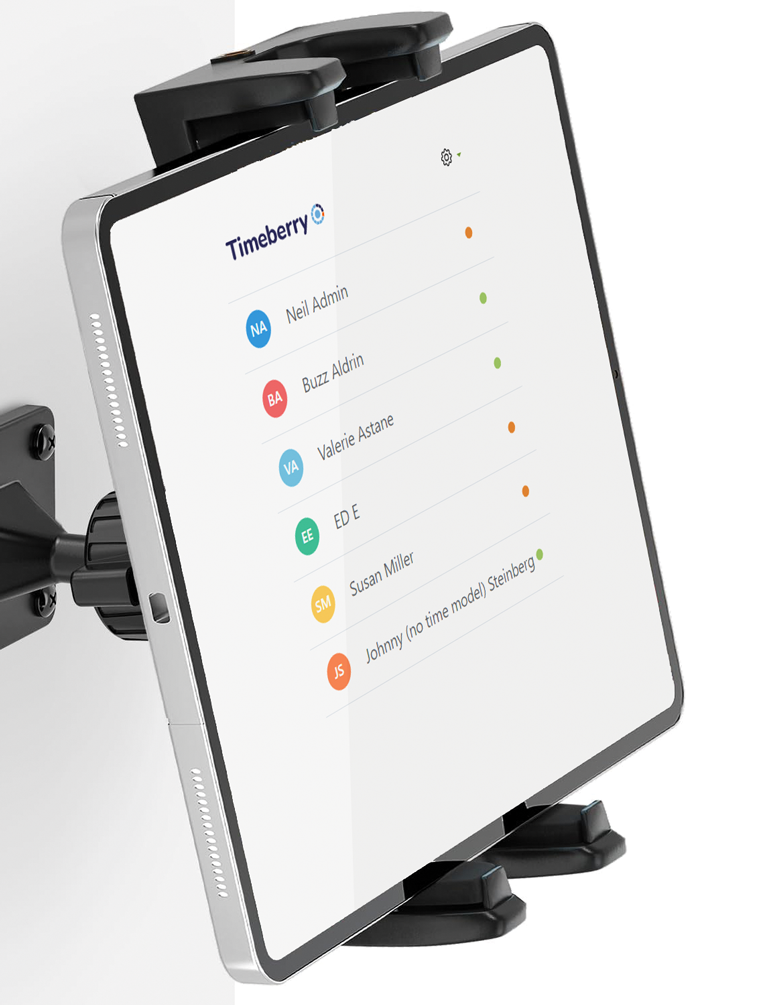 Timeberry time clock station on a tablet with wall mount