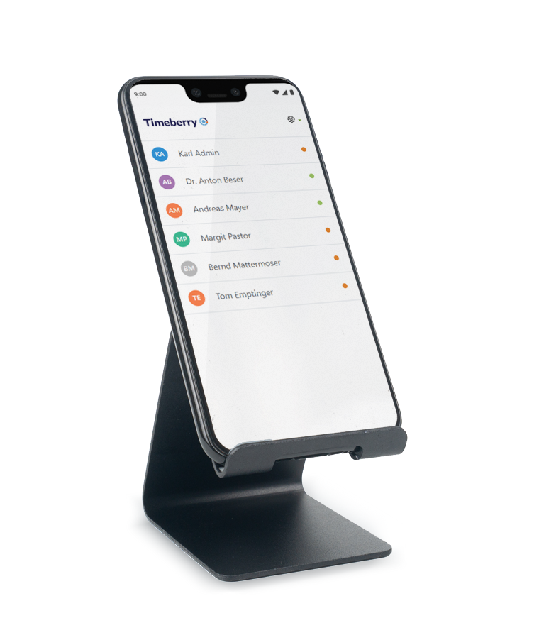Android phone with stand as time clock with Timeberry