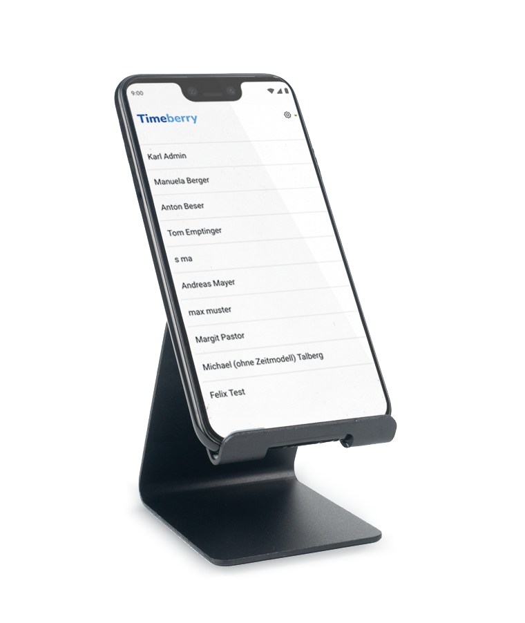 Android phone with stand as time clock with Timeberry